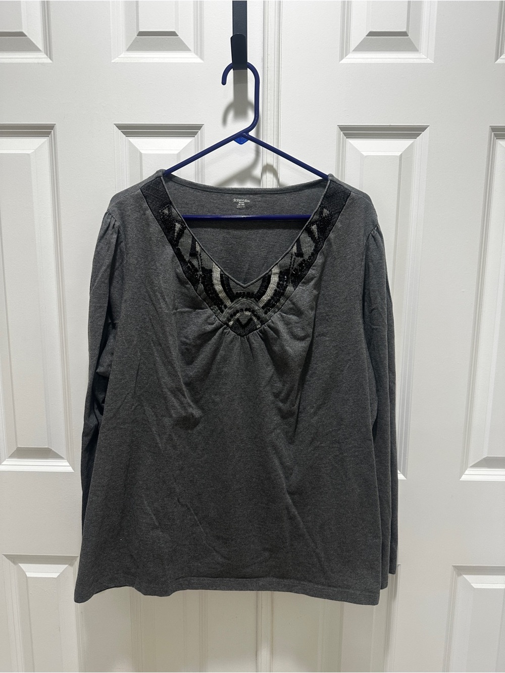 St. John's Bay Charcoal Gray Long Sleeve V-Neck Top with Sequin Detail